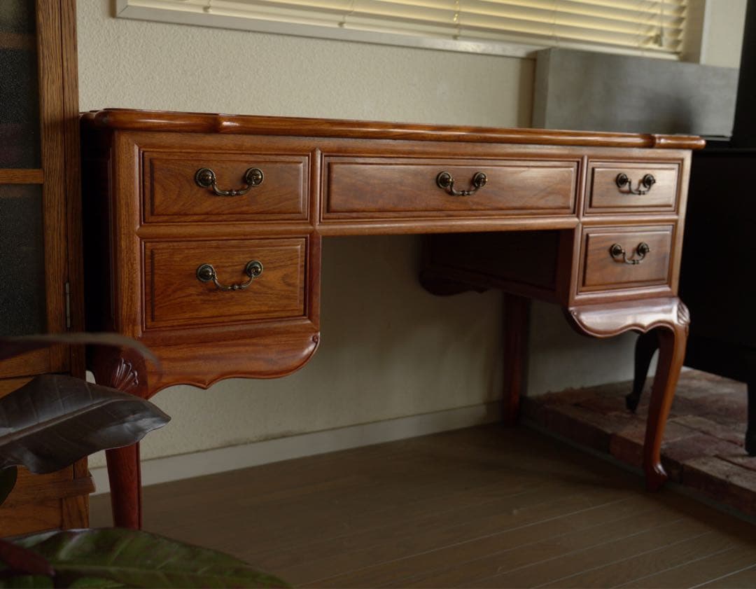 アンティーク　猫脚デスク　テーブル　引出し5杯 ビンテージ　工芸品 デスク 机 木製 パソコンデスク アンティーク 猫脚 スリム おしゃれ