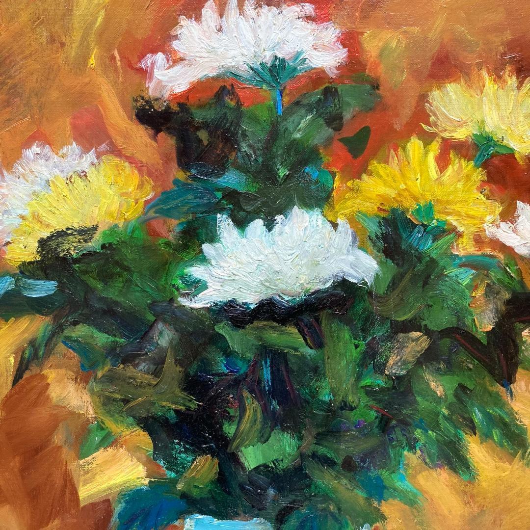 【広瀬寅夫】1984年制作 79歳時の油絵 花瓶の菊花 12号