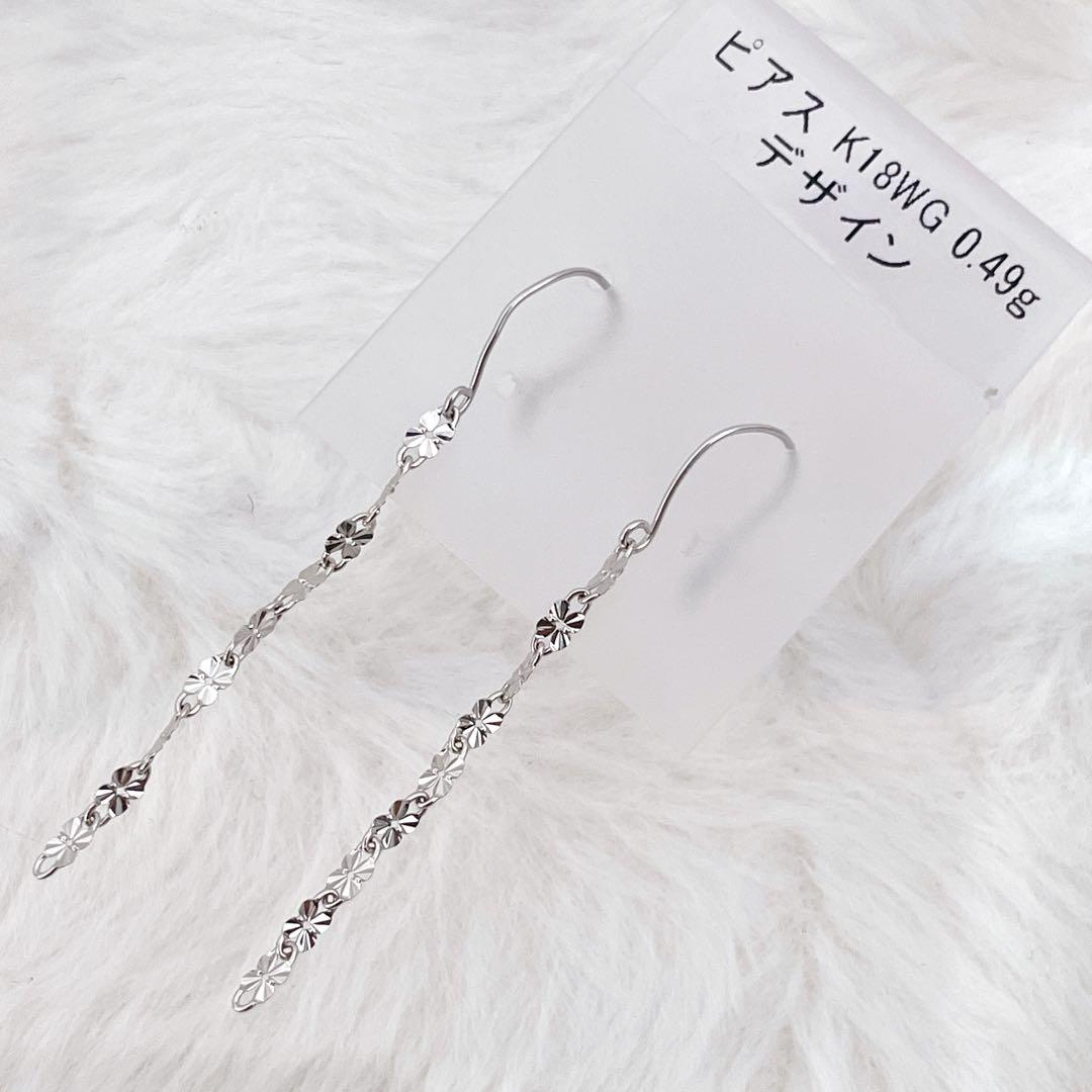 可愛い】K18WG ロングピアス チェーン フラワーモチーフ ホワイトゴールド