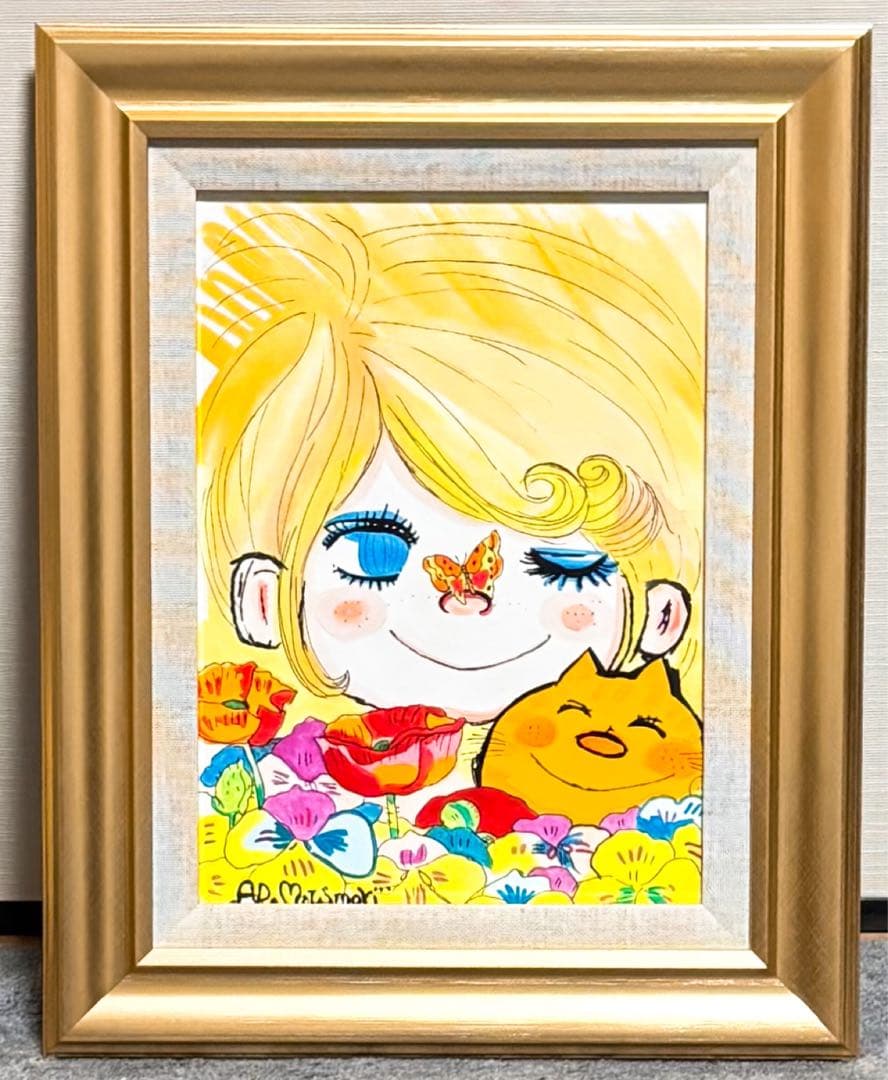 【F4号】手描き油彩　水森亜土　額縁　未使用額　サイン　人気作品　絵画　人気作家 F4号】手描き油彩 水森亜土 額縁 未使用額 サイン 絵画 かわいい 人気