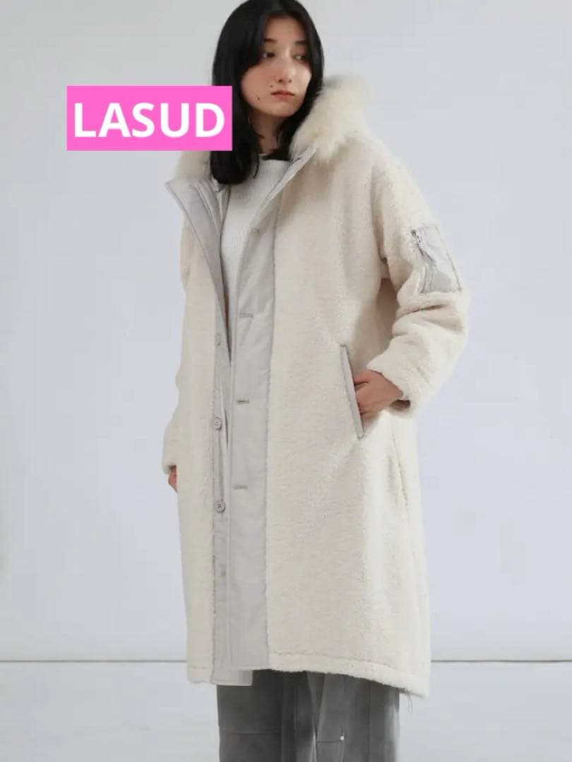 LASUD ファーボアコート アイボリー未使用品 サイズ9号 定価34000円