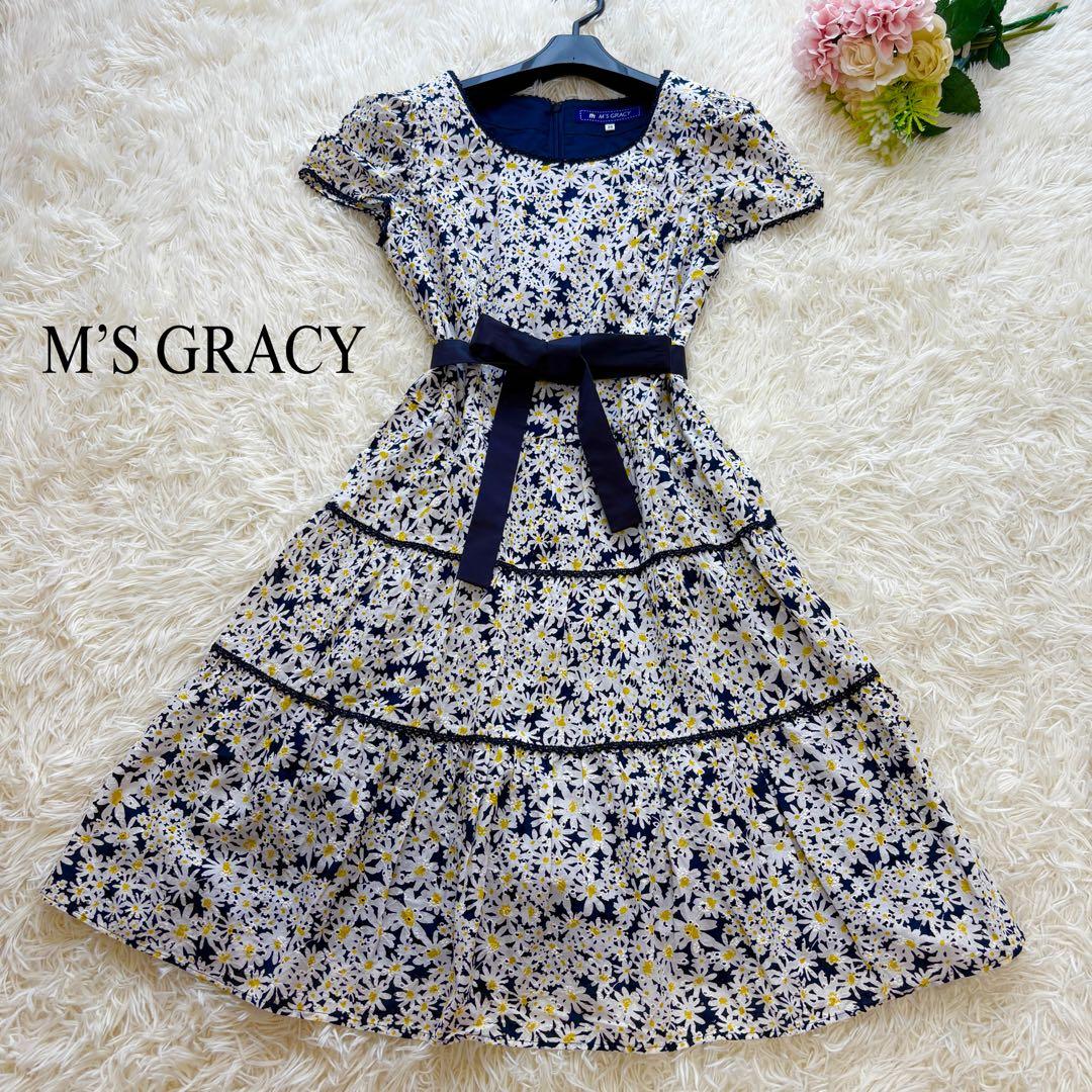 美品】エムズグレイシー リボン フレアワンピース ティアード 花柄
