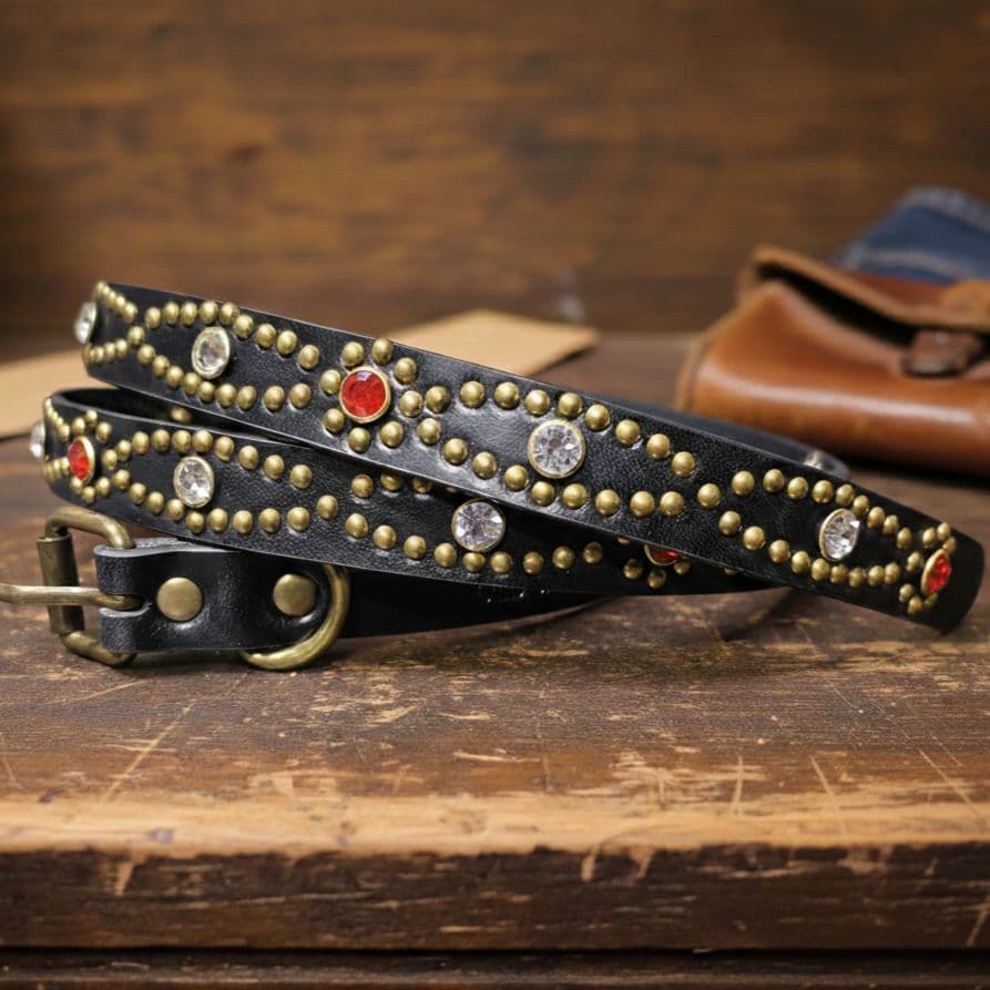 アイ赤□本革レザーフルスタッズナローベルト☆アメカジヴィンテージ