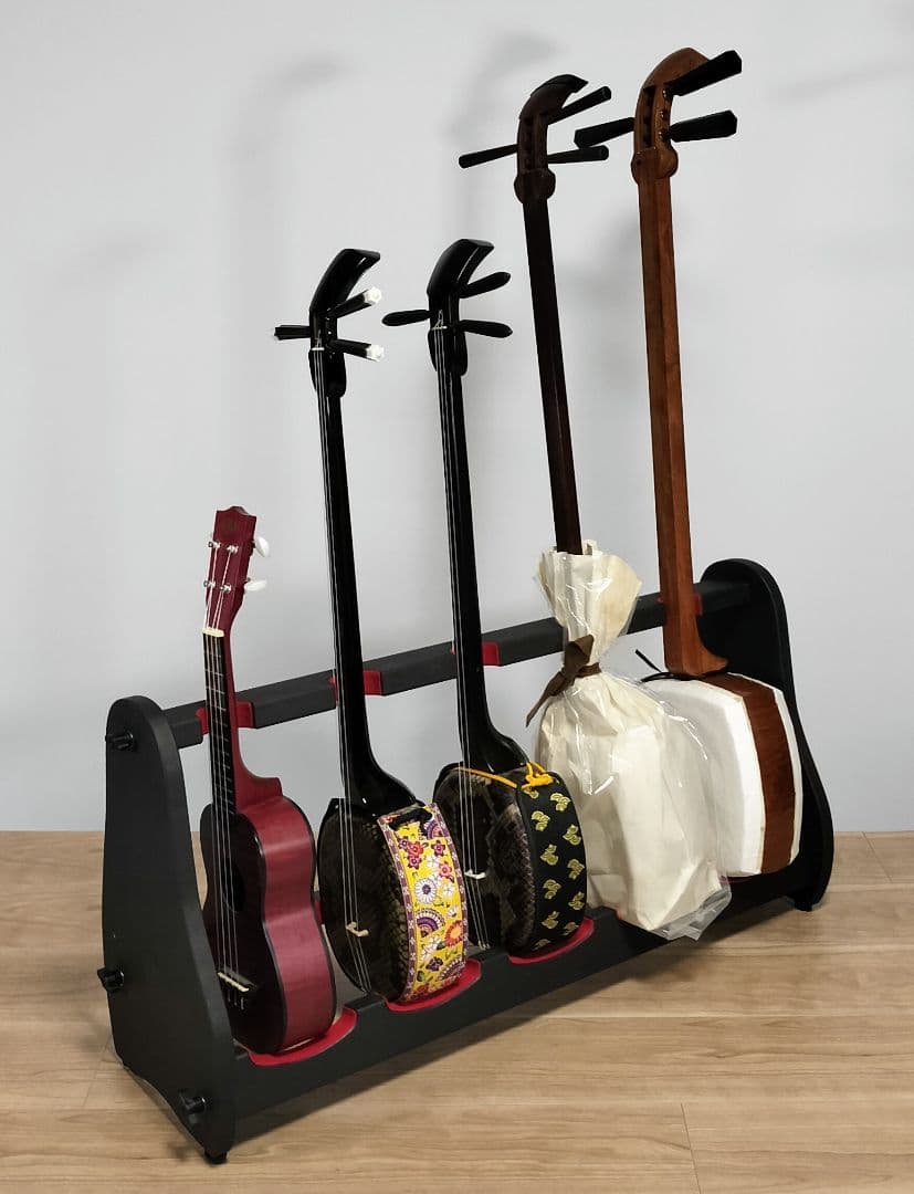 ♪手作り 三味線用スタンド木製 5丁並び 細棹 津軽 三線 教室にも♪の