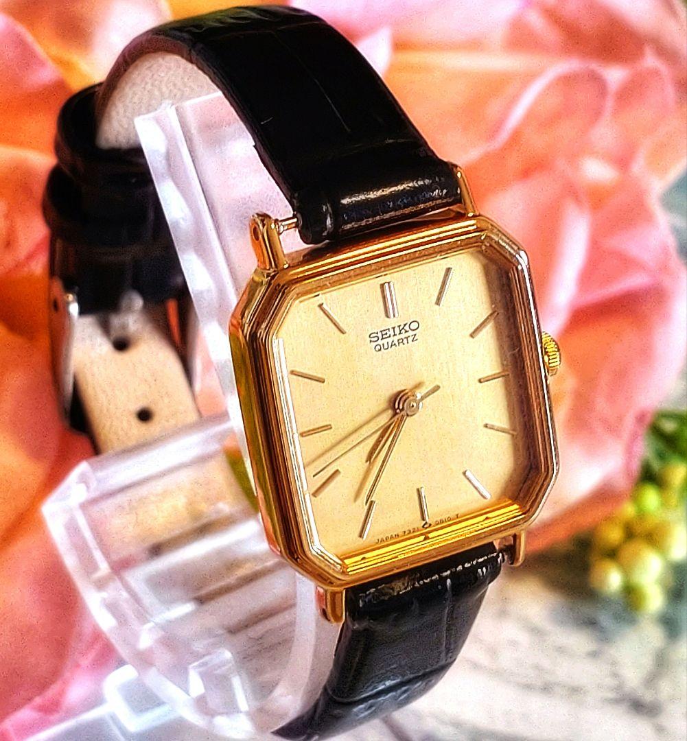稼働 セイコー レディース腕時計 ゴールド文字盤 オクタゴン ベルト