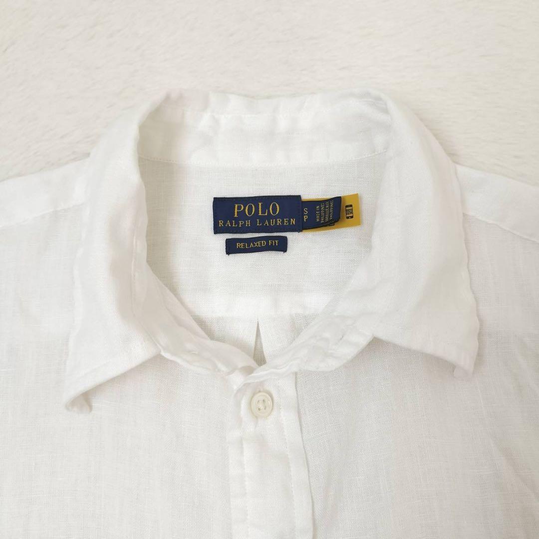ポロラルフローレン 長袖シャツ リネン100 ポニー刺繍 ホワイト S