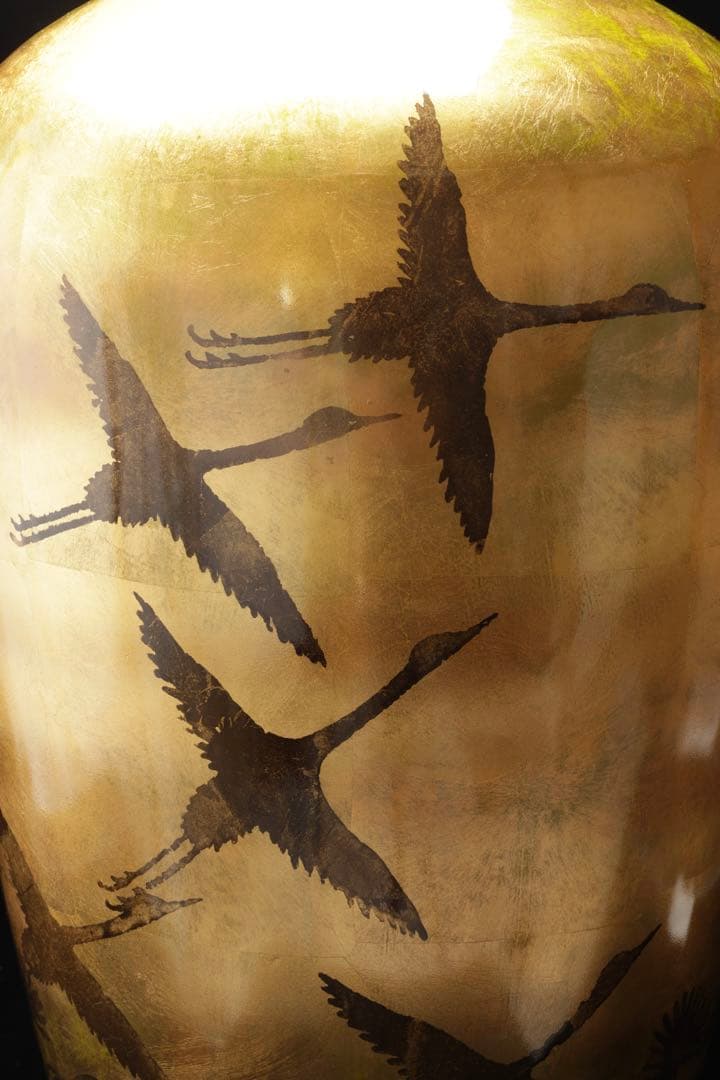 大型 漆塗 金地花瓶 鶴図 秋草文様 高さ62cm 花器 飾壺 古