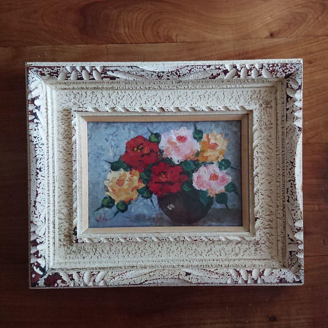 薔薇 古い 絵画 油彩 昭和レトロ 額縁 花 /アンティーク フランス