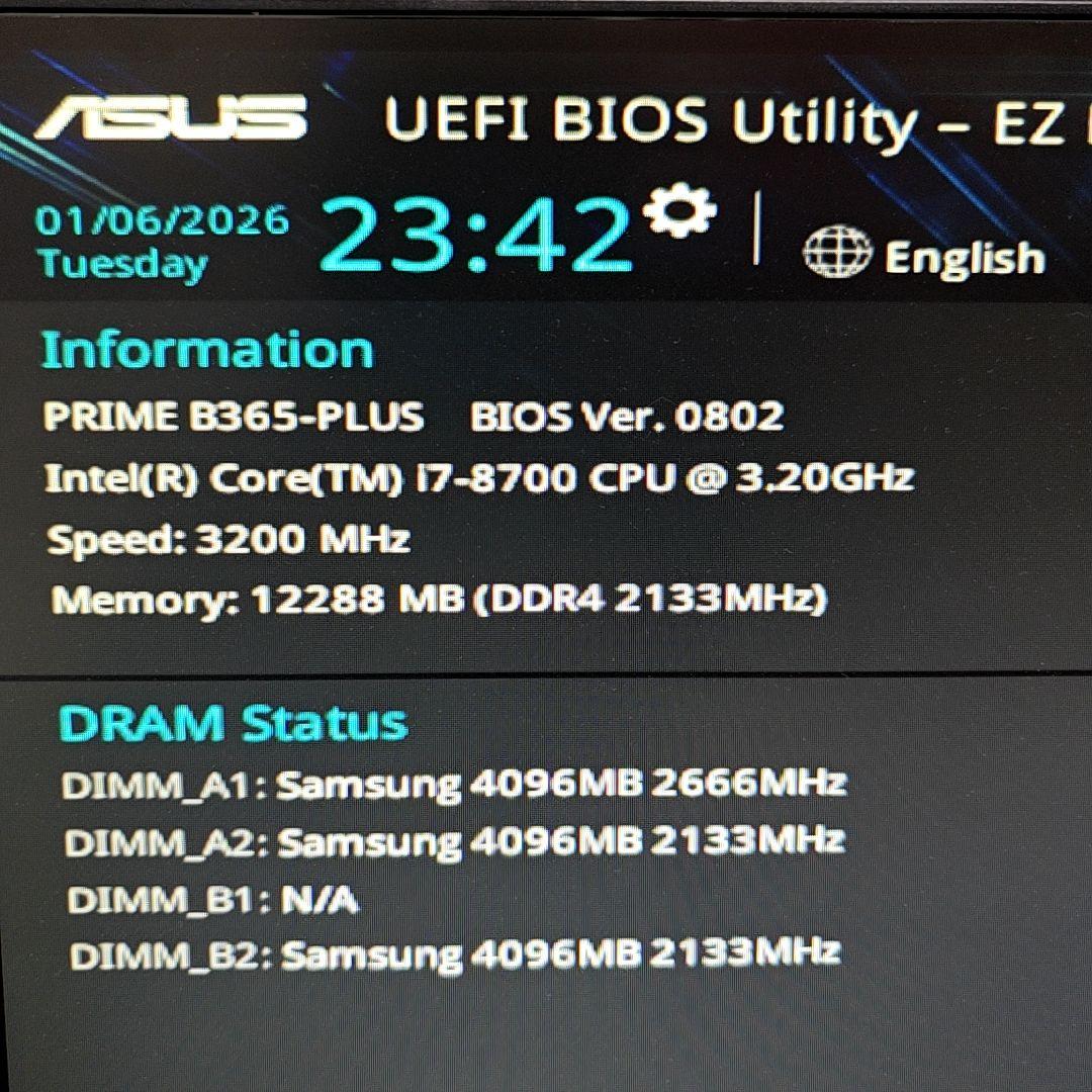 core i7 8700 + PRIME B365-PLUS + メモリ12GB