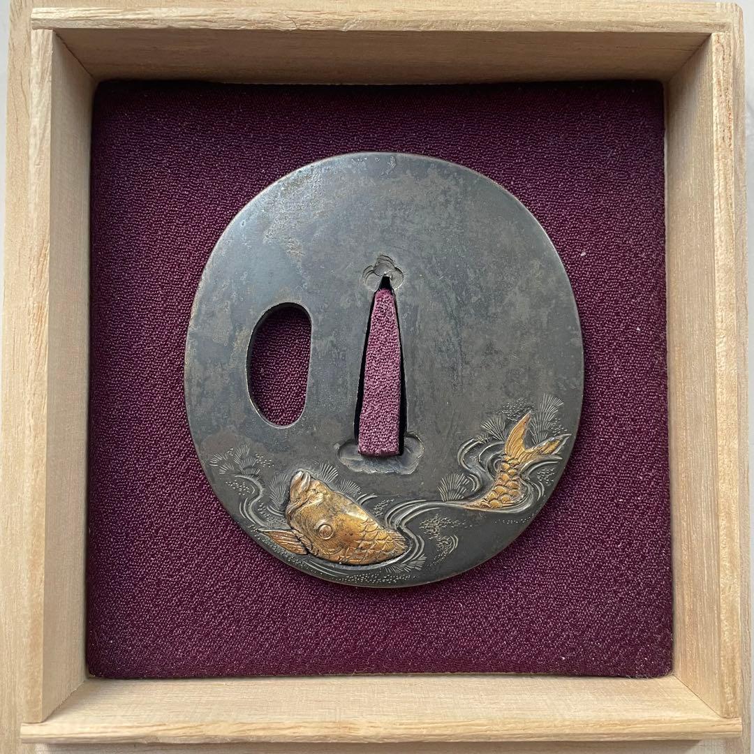 銅鍔 江戸時代 金工細工師 大森英秀 銘 金象嵌 鍔 鐔 脇差 刀 川 水草