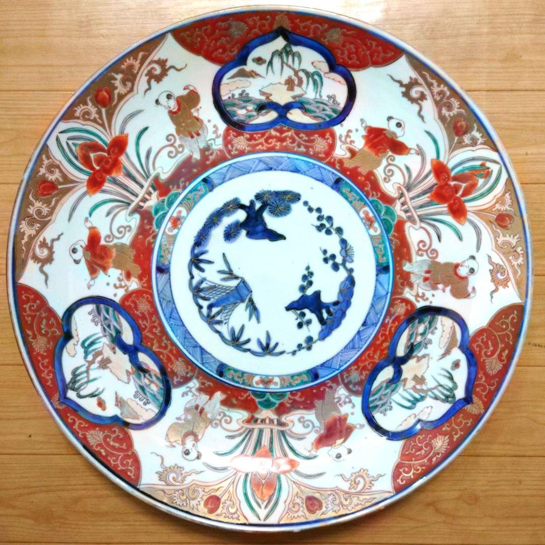 新春特価⚫希少特大皿⚫古伊万里色絵松竹梅花唐子図大皿⚫直径約46.5cm