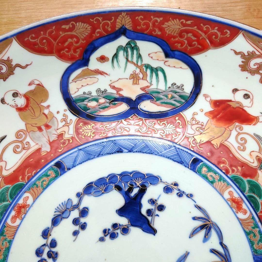 新春特価⚫希少特大皿⚫古伊万里色絵松竹梅花唐子図大皿⚫直径約46.5cm
