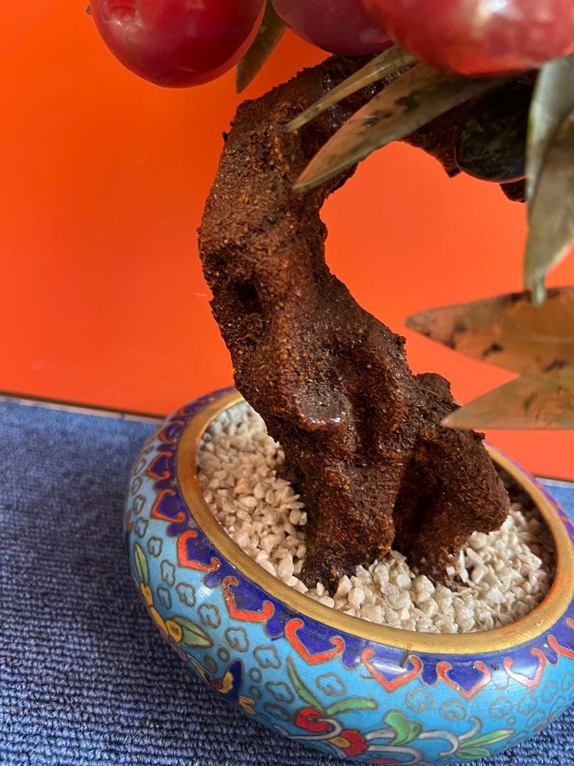 1184 中国美術 桃樹玉石 桃木玉石盆栽 景泰藍 石細工彫刻 置物 - メルカリ