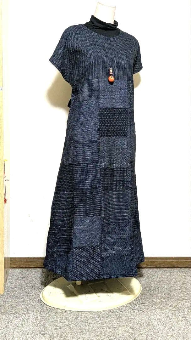 書生紬 古布藍染の着物リメイクロングワンピース バッチワーク風 108