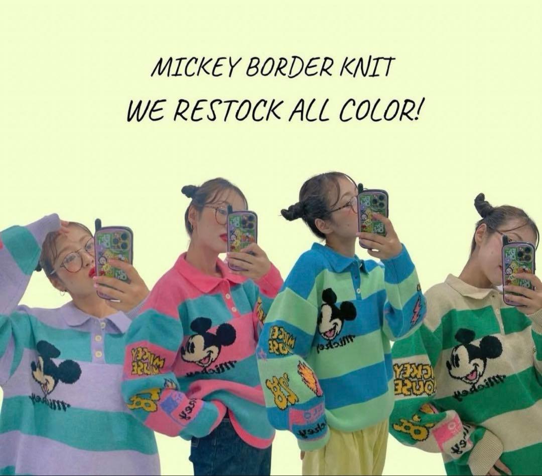 ディズニー ミッキー ハーフボタン ボーダーニット LINK@/リンクアット