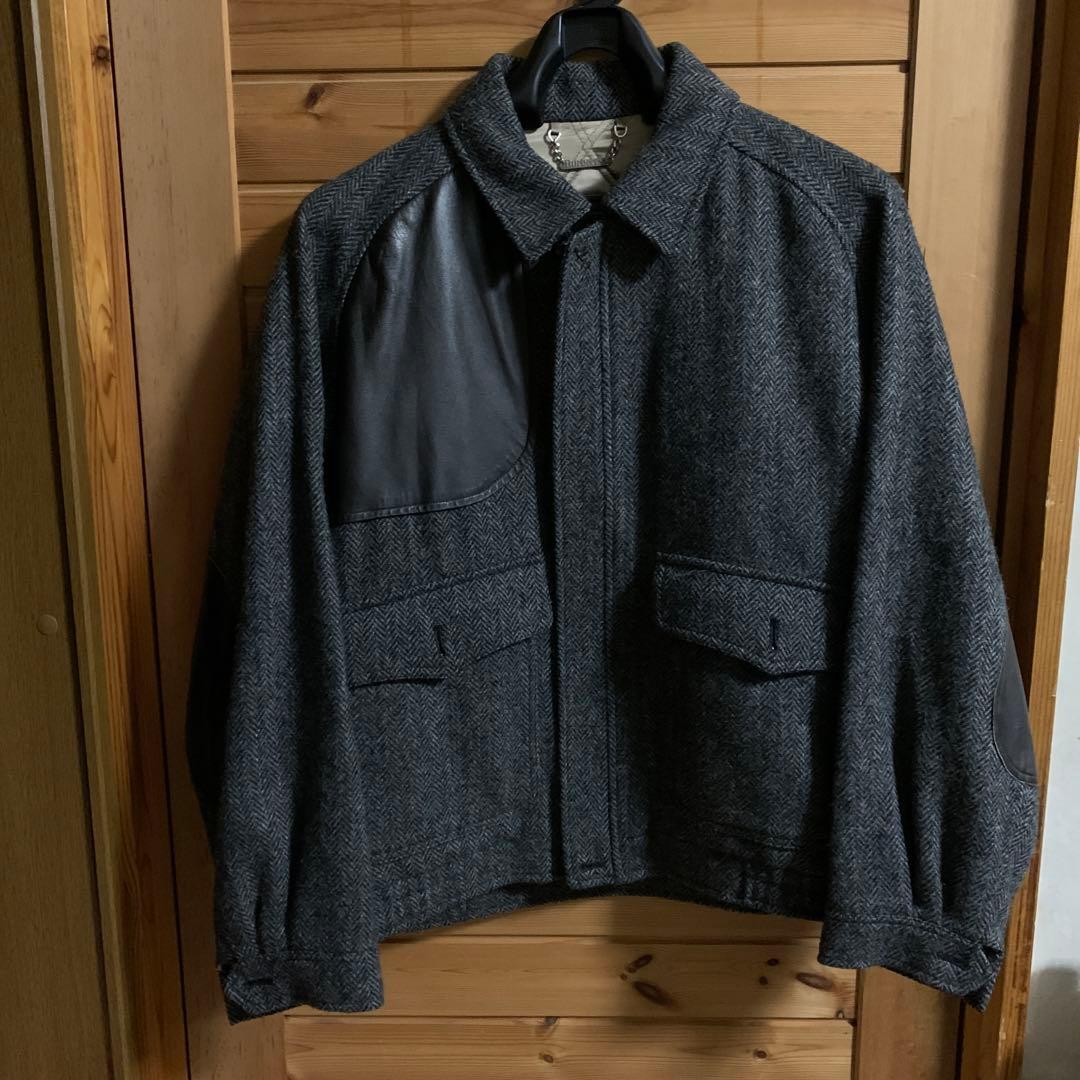 良品】Burberry ウール ツイードブルゾン M レザーパッチ チンスト付
