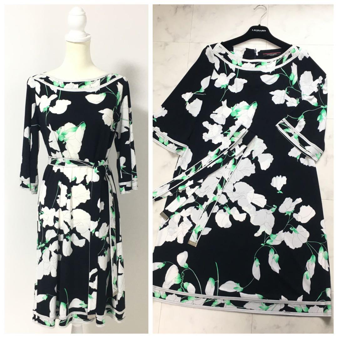 近年美品　LEONARD レオナール　カンカン　ストレッチ　ベルト　ワンピース 近年美品 LEONARD レオナール カンカン ベルト付 ワンピース 送料無料