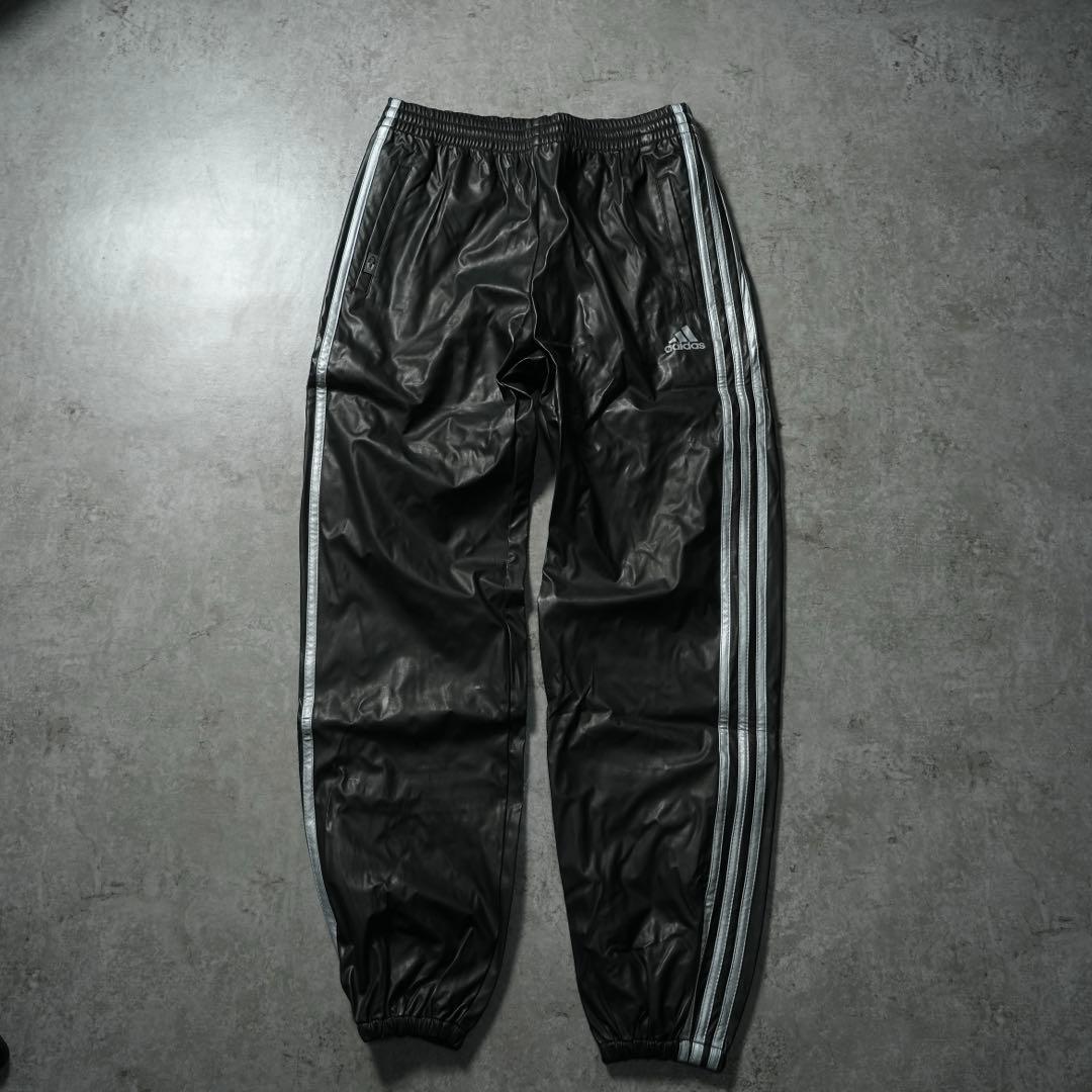 ほ*様 00s adidas レザー調 トラックパンツ コーティング ブラック