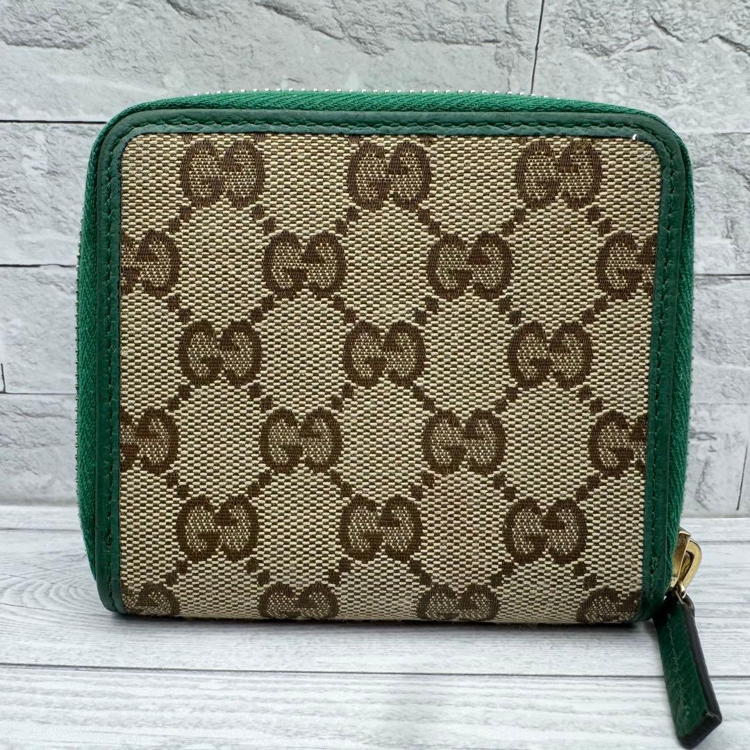 美品】GUCCI 二つ折り財布 ラウンドジップ GG柄 キャンバス グリーン