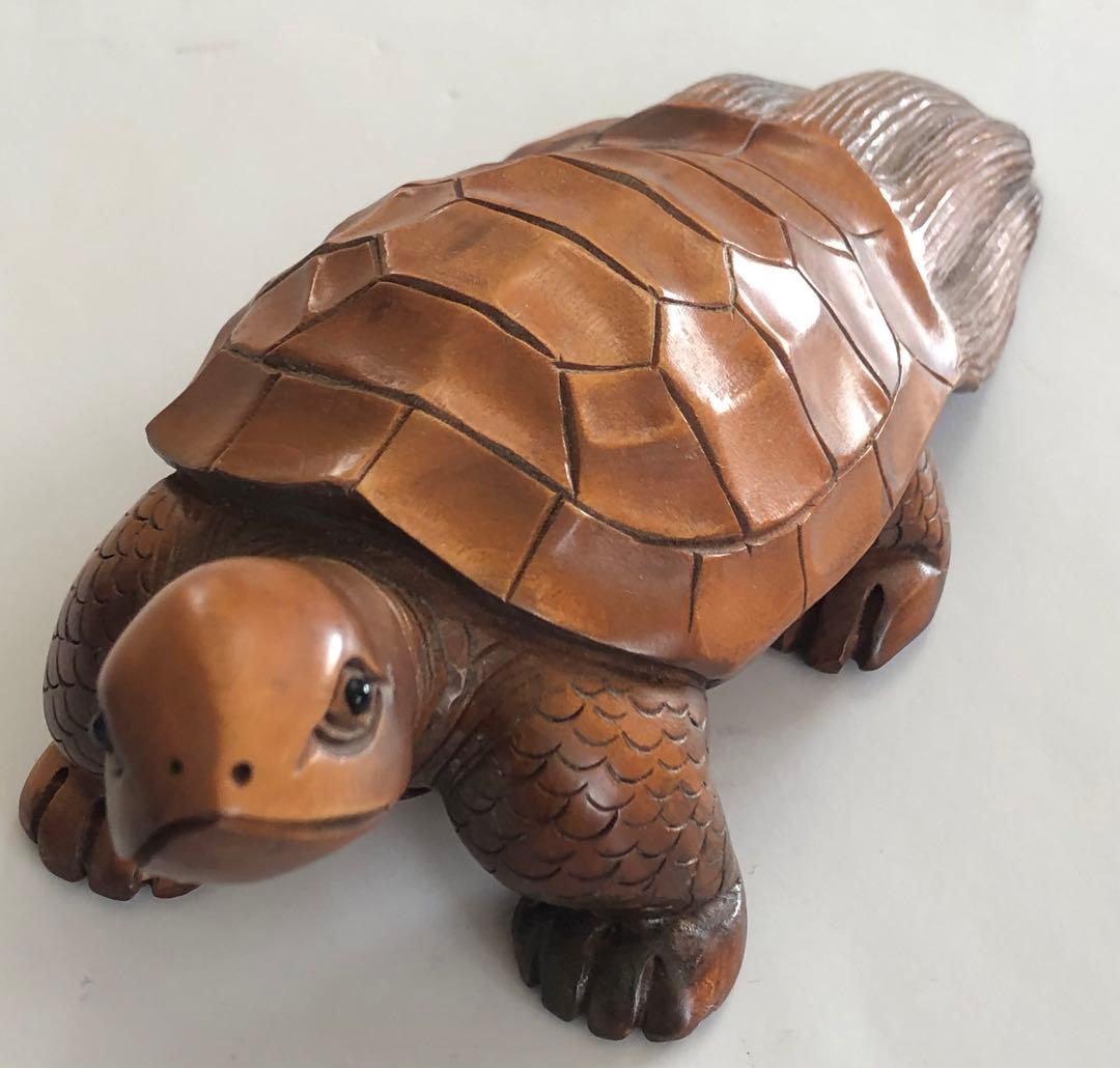 亀、カメ、亀屋、一刀彫り柘植材アンティーク手作り、オブジェ