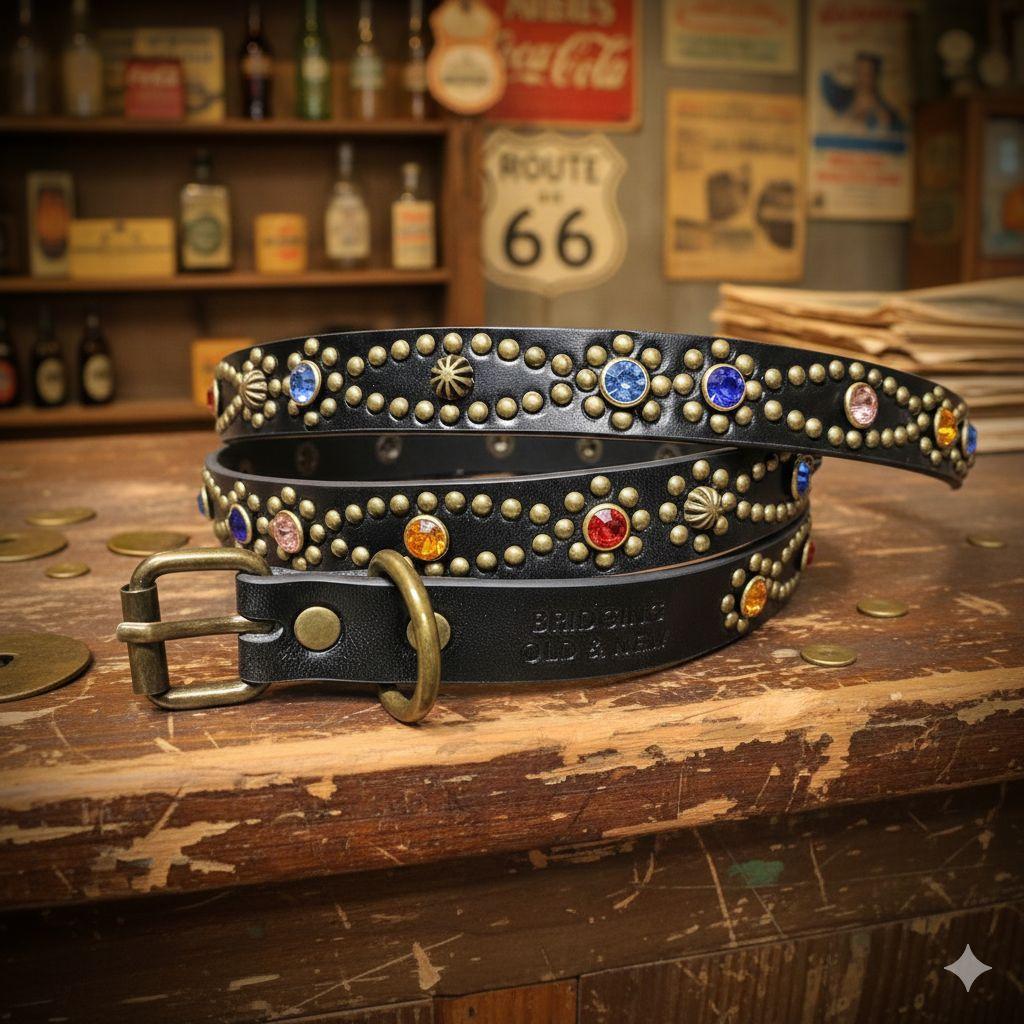 クロス虹■本革レザーフルスタッズナローベルト☆ビンテージアンティークゴールド 日本製 茶芯レザー 3連 15連 スタッズ ナローベルト 1.9cm幅 真鍮