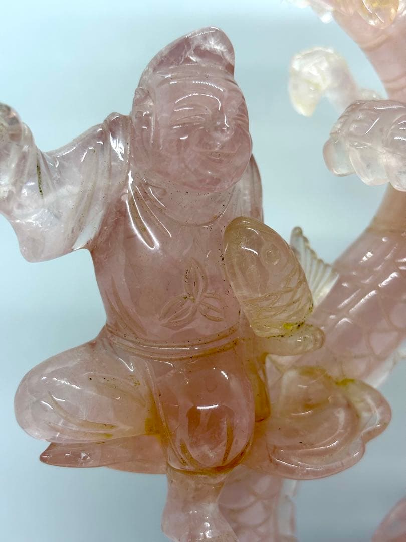 甲州貴石細工 天然紅水晶（ローズクォーツ） 『龍と恵比寿大黒像