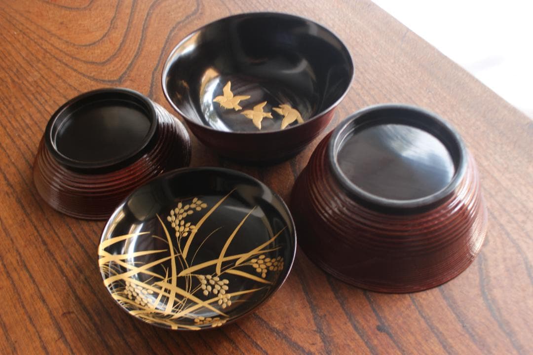 デッドストック！風情ある糸目地に優美な雀稲穂蒔絵の映えるお椀2点（検蒔絵椀雑煮椀 デッドストック！風情ある糸目地に優美な雀稲穂蒔絵の映えるお椀2