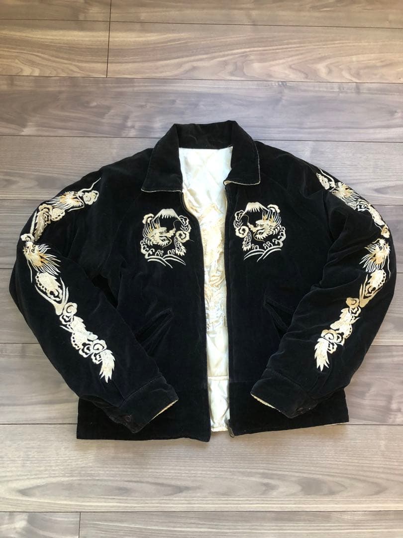 ビンテージ襟付きスカジャン 別珍 白虎 龍 鷹 リバーシブル スーベニア