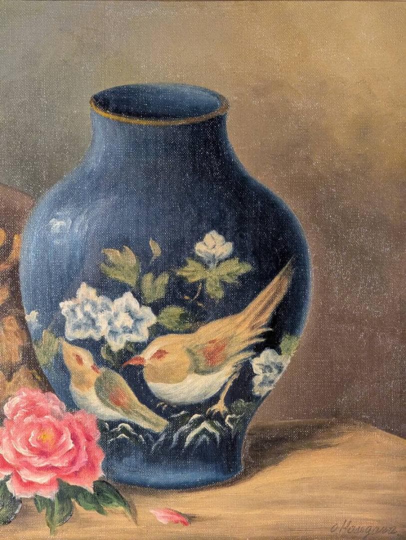 真作】絵画 油彩6号 鳥文壷と薔薇 装飾陶器と花のある風景 X31 | 激安