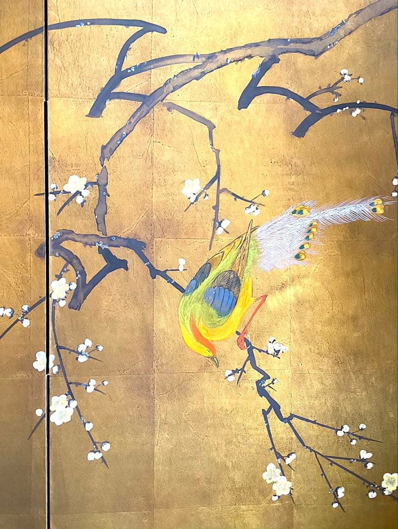 四つ折り屏風 日本画 金箔彩色 白梅に金鶏鳥 - メルカリ