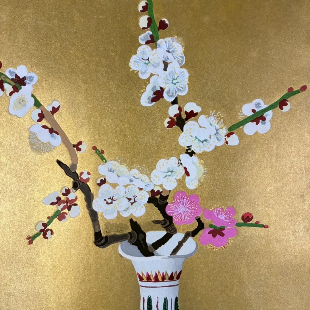 小倉遊亀「梅」木版画 金地 額縁入り 日本美術院 日本女性画家 お正月