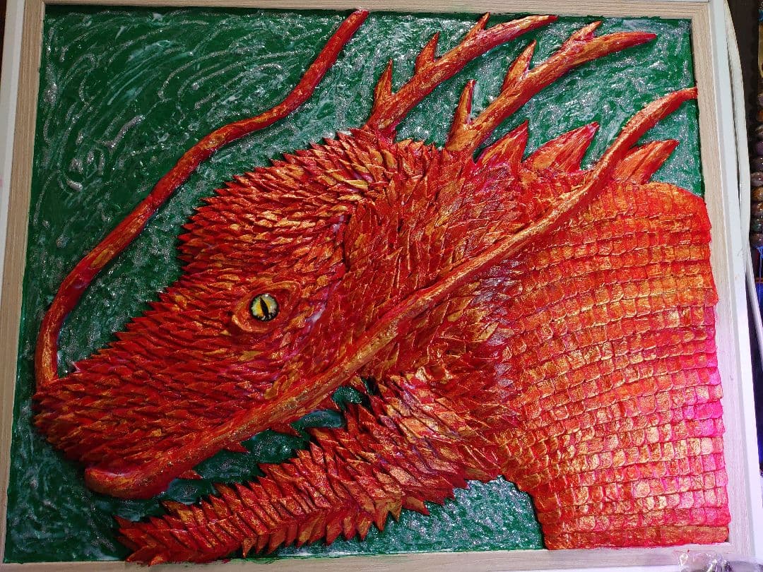 龍神 開運 和紙切り絵絵画）（赤龍 緑）【龍専門店ANDYオリジナル作品