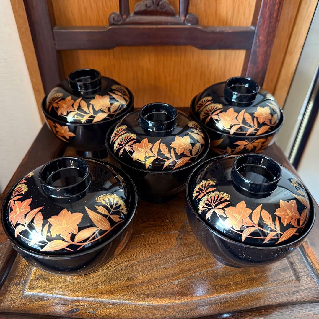 未使用品 乙造作 輪島塗秋草蒔絵吸い物椀 5客セット 桐箱付き 黒の