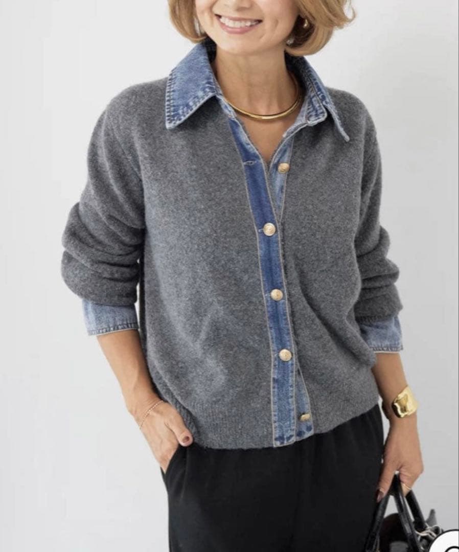 新品タグ付⭐︎PLUS OTO.HA デニム×ニット異素材コンビネーションシャツ 大人気のデニム×ニットシャツにNew Color登場🤎 売り切れる前にお早め