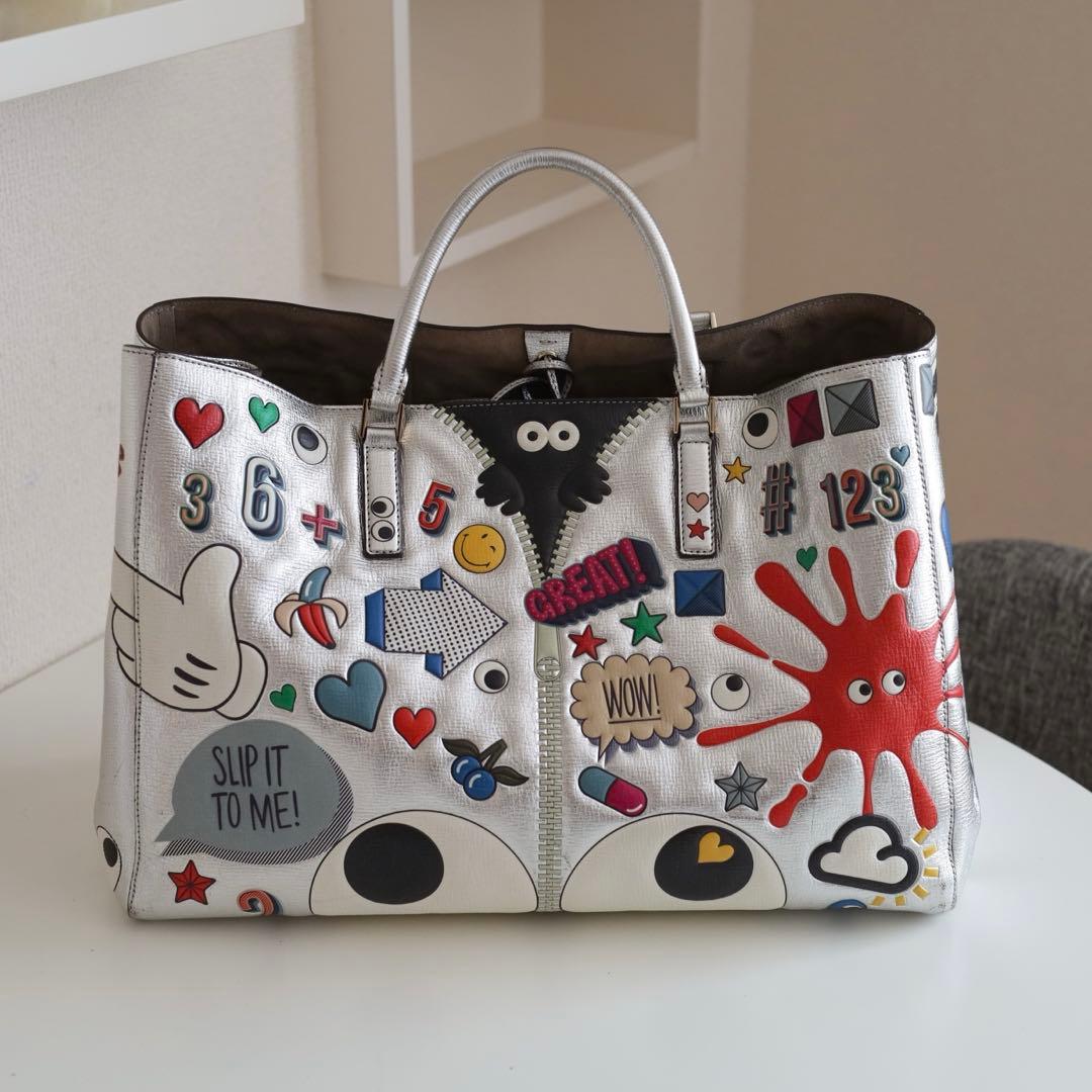 美品】アニヤハインドマーチ ステッカートートバッグ シルバー Maxi