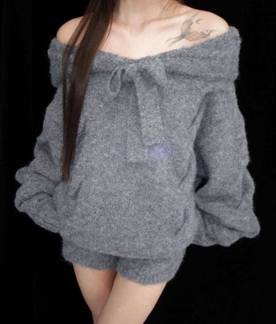 andwang Ribbon Off-Shoulder Knit Set GRY - メルカリ