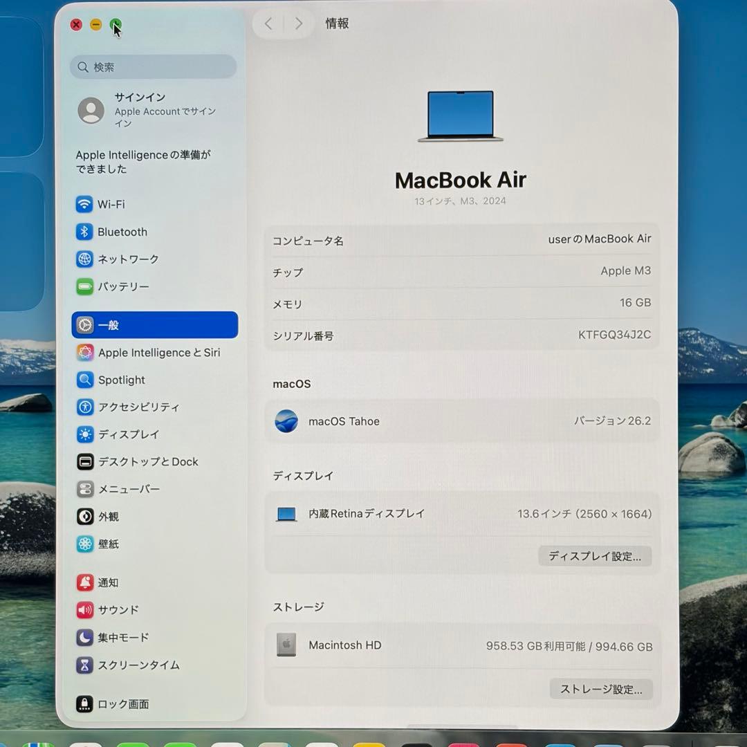MacBook Air 13インチ M3 メモリ 16GB SSD1TB AC+