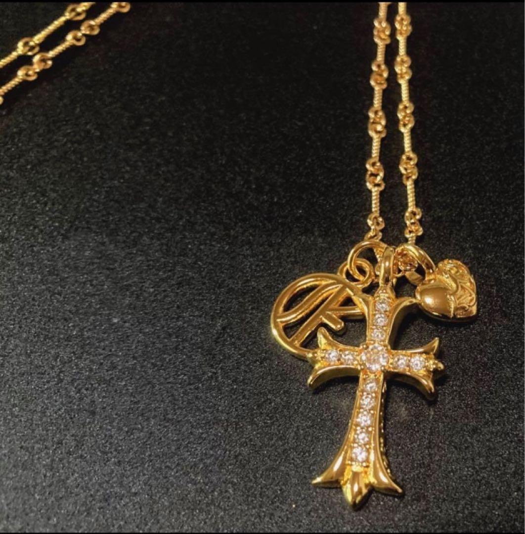 22k ダイヤクロス ハートボール ロゴ ツイストチェーン ネックレス 60