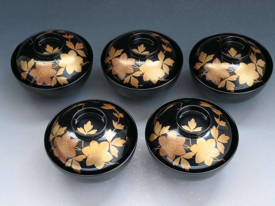 輪島塗】鉄仙蒔絵 吸物椀 黒塗 五客揃 天然木 共箱 - メルカリ