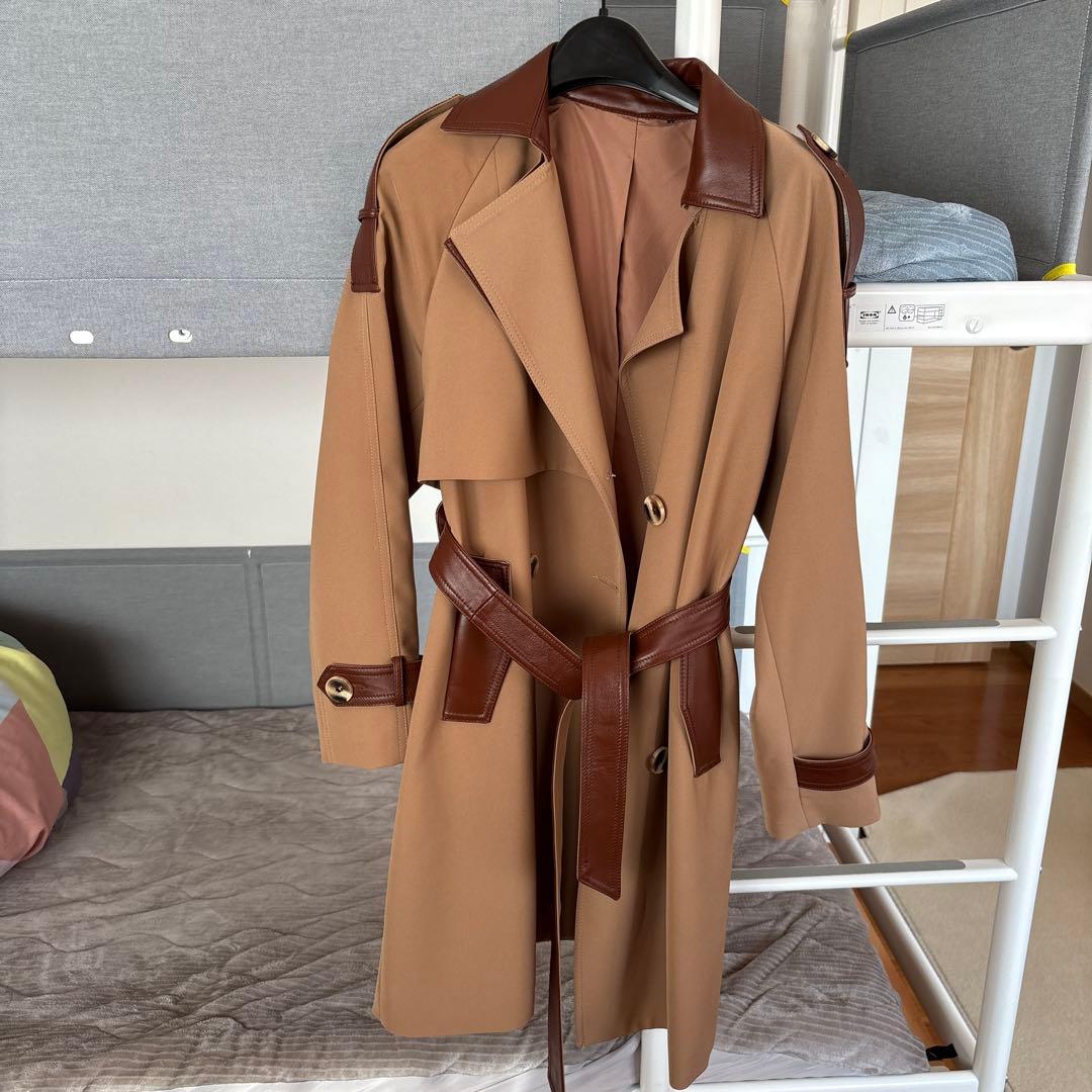 新品】トレンチコート ベージュ×ブラウン レザー切替 ベルト付き