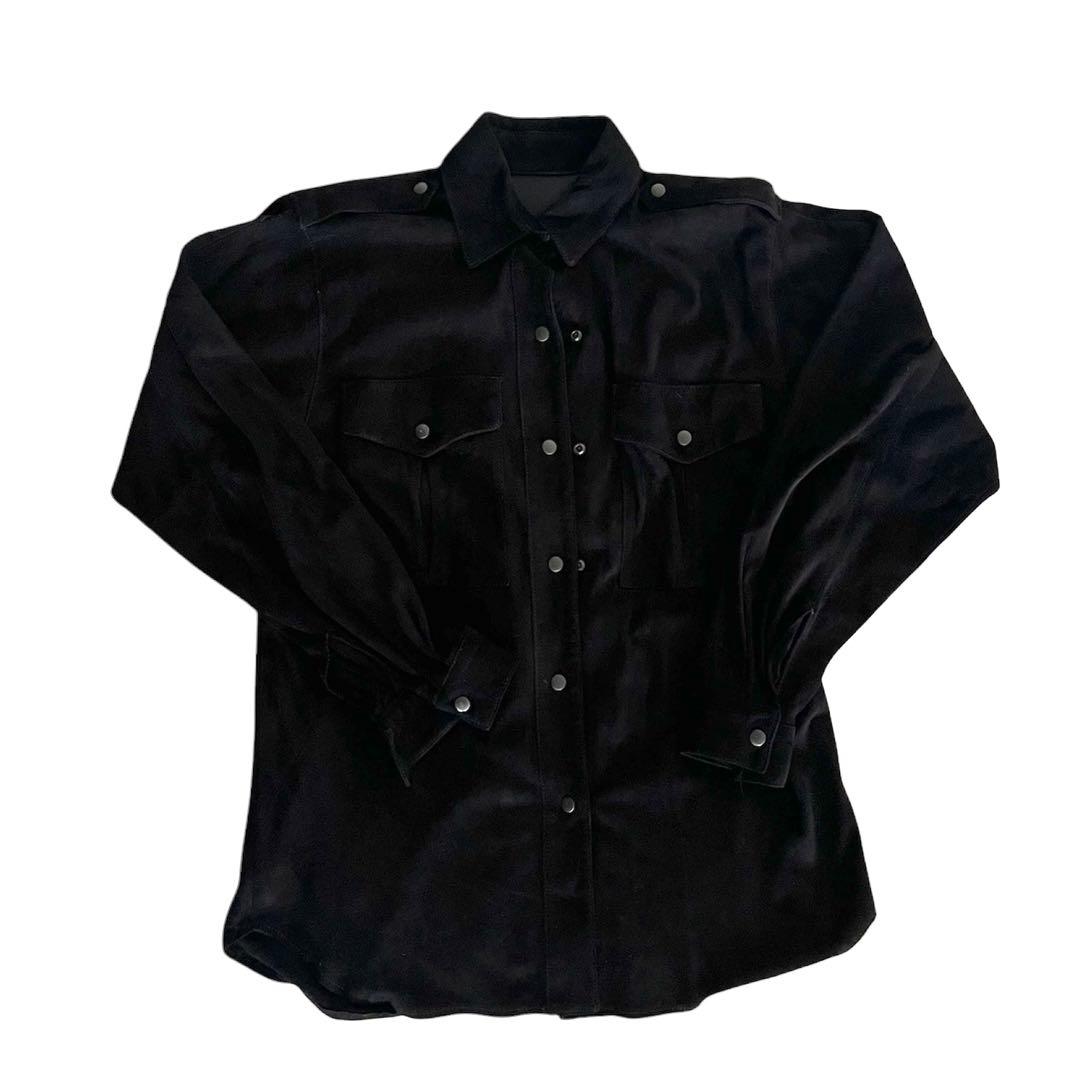 ユ*ム様 ヴィンテージ エポーレットシャツ スウェード ブラック エンブロイダリーフェイクスウェードシャツ