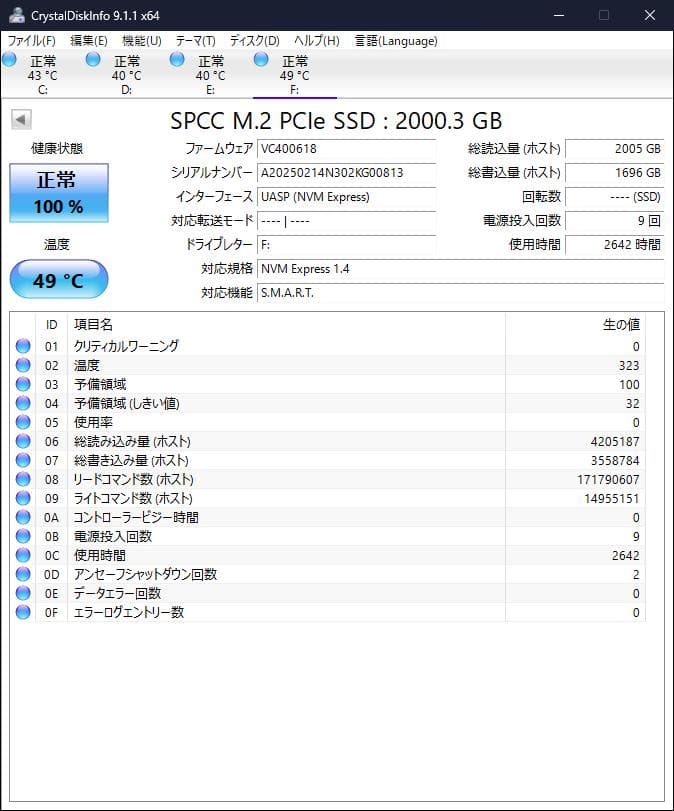低使用時間】SP M.2 NVMe 2TB PCIe Gen3x4 購入証明有