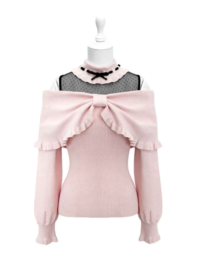 新品 HONEYMEW ドットチュール肩あきリボントップス ピンク XSサイズ