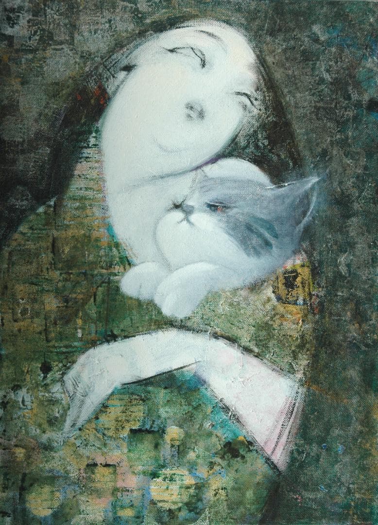 メルカリ絵画絵 額付( 青緑＋金色の枠) 油絵 F4-050620猫お昼寝