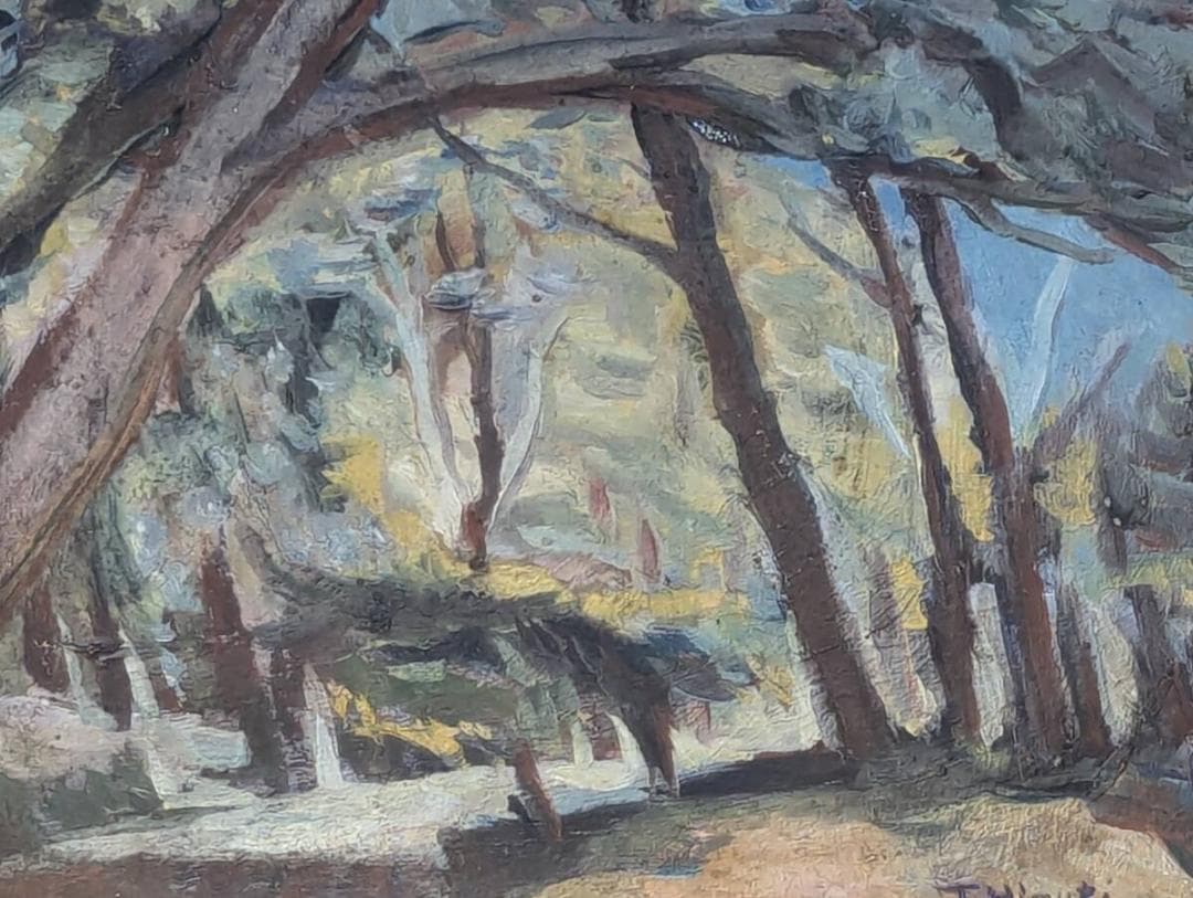 真作】絵画 油彩（板絵） 樹間（軽井沢風景） 森林風景 木立の情景 Z91