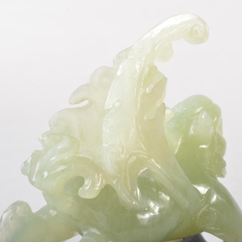 中国 玉石岫玉彫刻 神獣彫 置物 唐木台付 C 5189