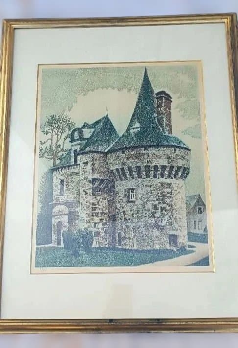 岡鹿之助　木版画　 城の風景画 　加藤版画研究所　サイン入り 加藤版画研究所 S48年版 岡鹿之助 水辺の城 木版画 額装 Z335｜骨董店