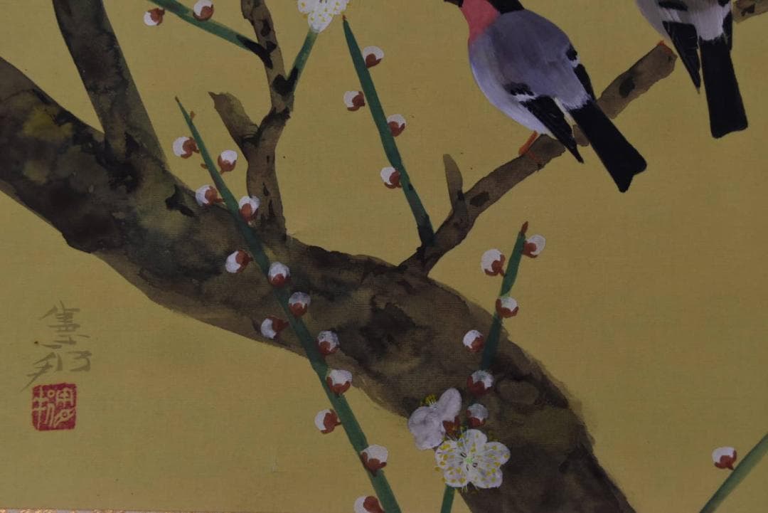 真作】川村憲邦/白梅小禽図/掛軸/名家伝来/AA-33