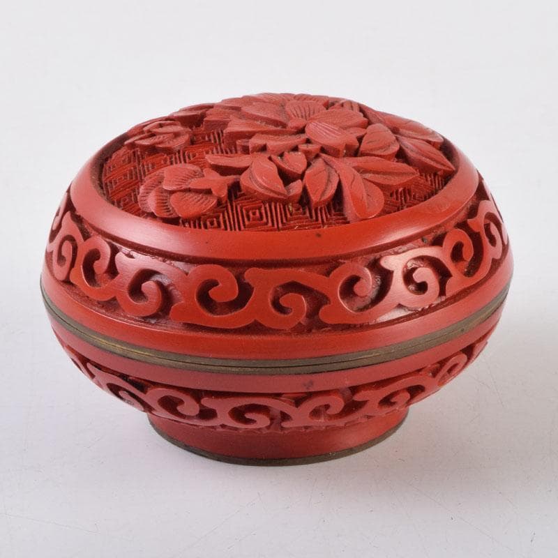 中国剔紅堆朱花草文香合時代箱付V9085