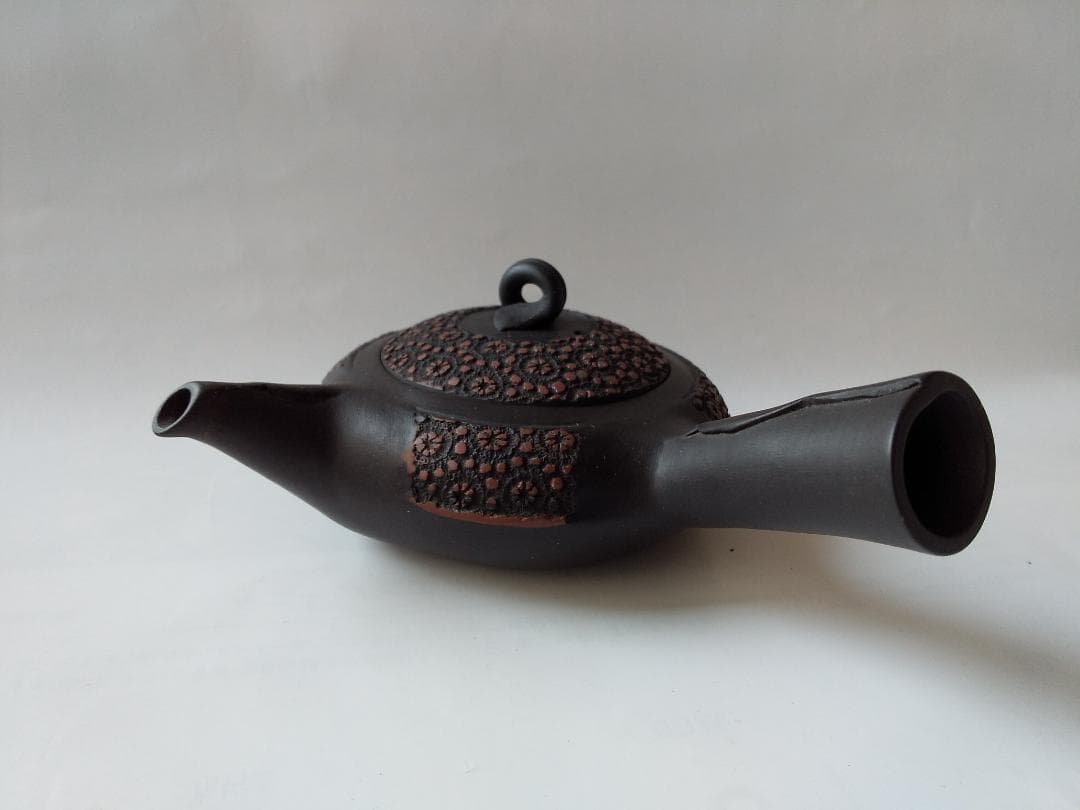 更紗様専用常滑焼 稲葉石水 造 黒泥茶注 黒泥丸型急須 土瓶 共箱 共布